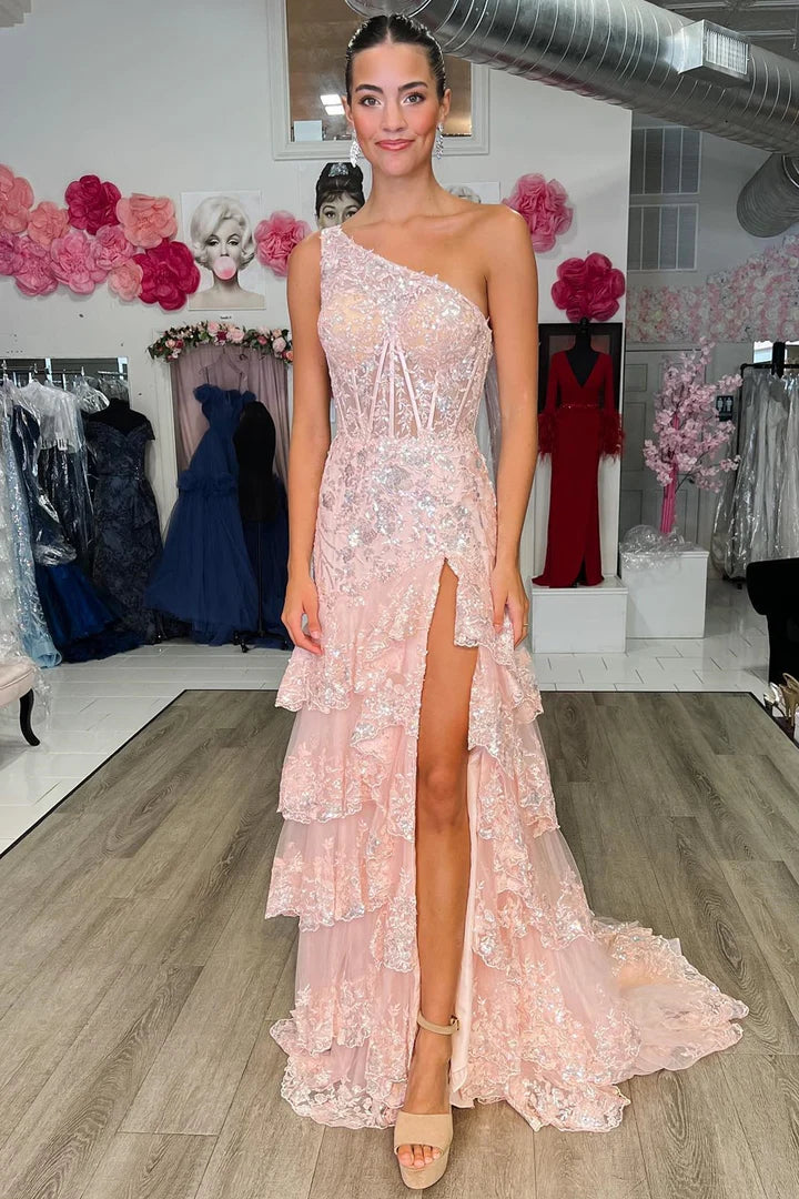 One-Shoulder Tiered Long Prom Dress with Slit