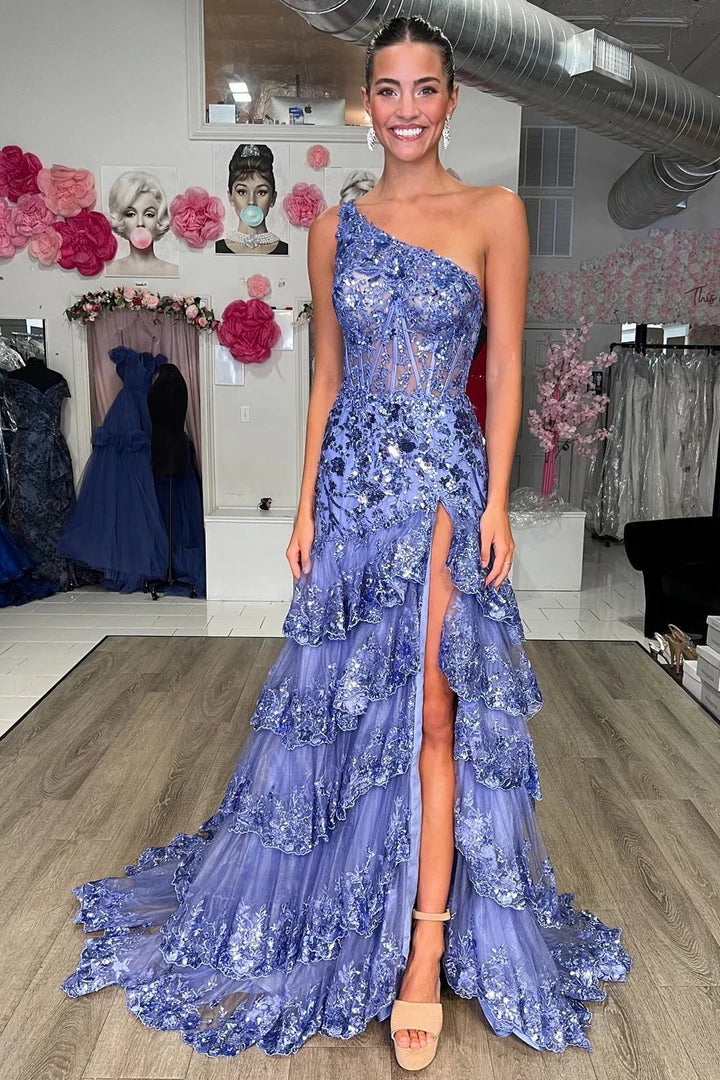 One-Shoulder Tiered Long Prom Dress with Slit