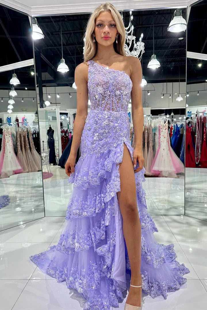 One-Shoulder Tiered Long Prom Dress with Slit