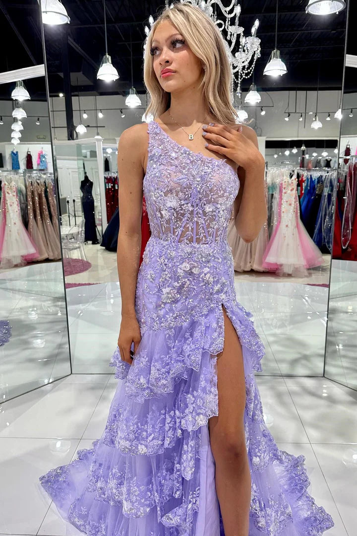 One-Shoulder Tiered Long Prom Dress with Slit