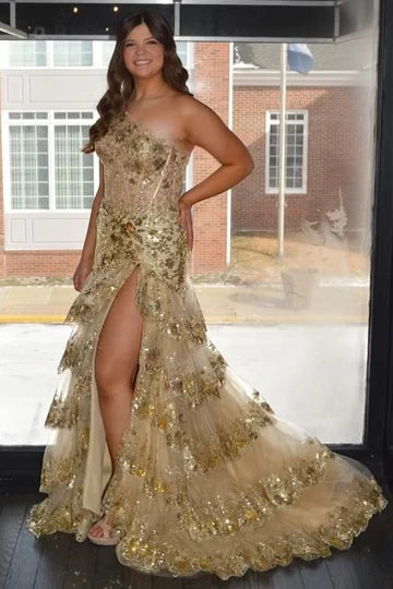 One-Shoulder Tiered Long Prom Dress with Slit