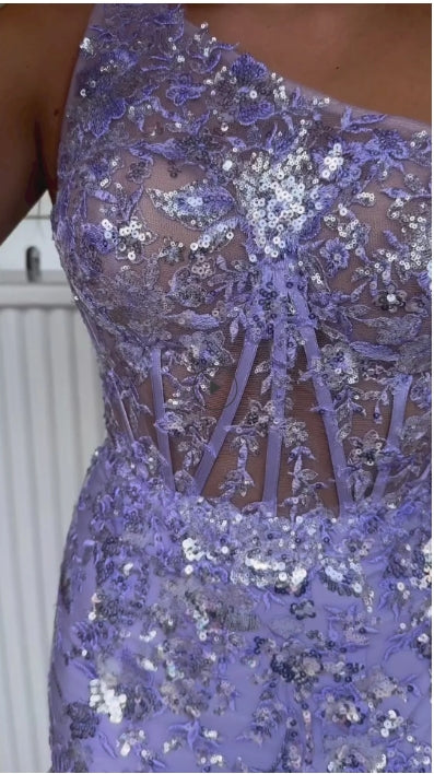 One-Shoulder Tiered Long Prom Dress with Slit