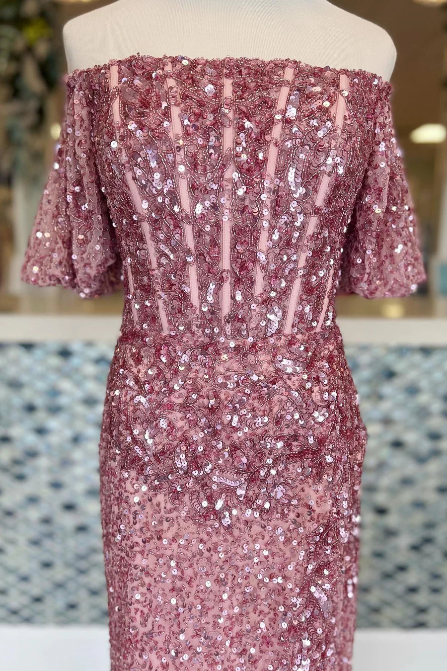 Off-the-Shoulder Prom Dress with Puff Sleeves and Sequin