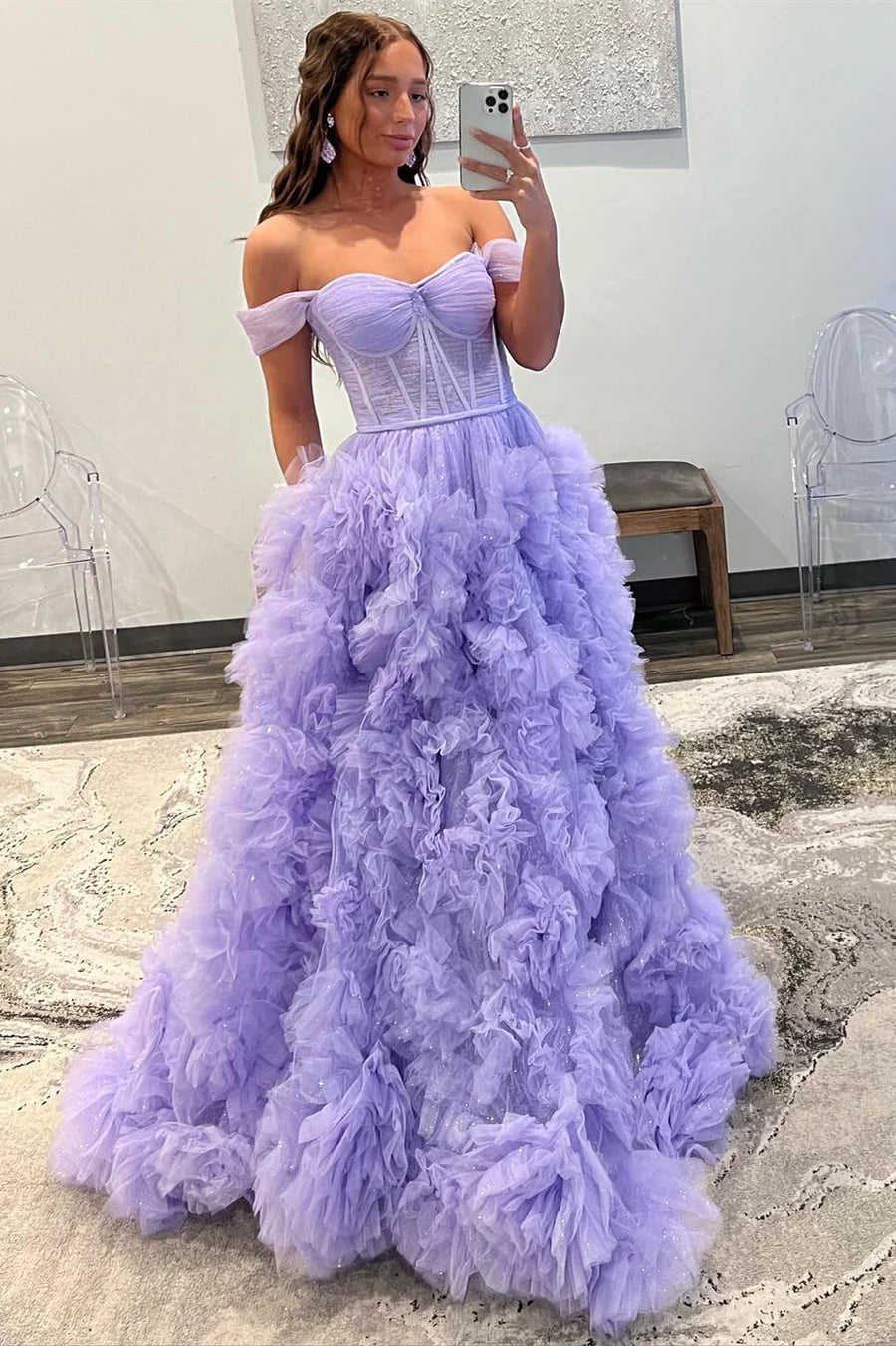 Off-the-Shoulder Tulle Prom Dress with Ruffles