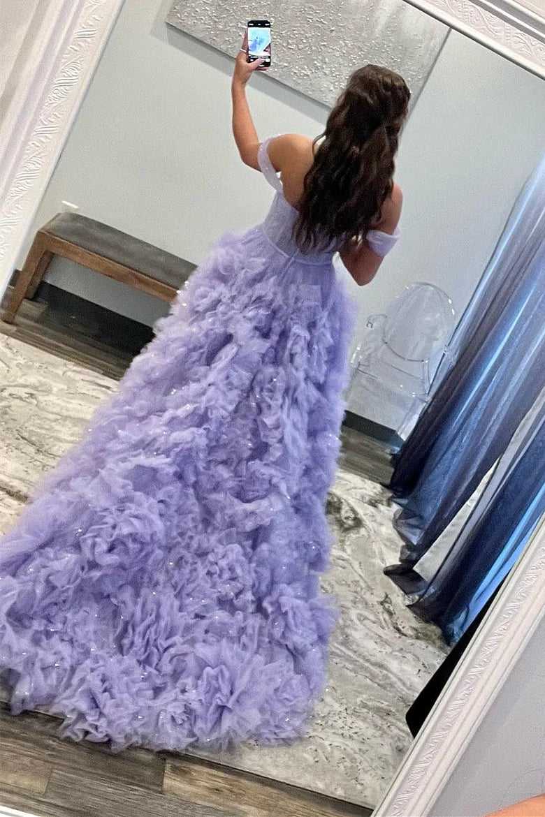 Off-the-Shoulder Tulle Prom Dress with Ruffles