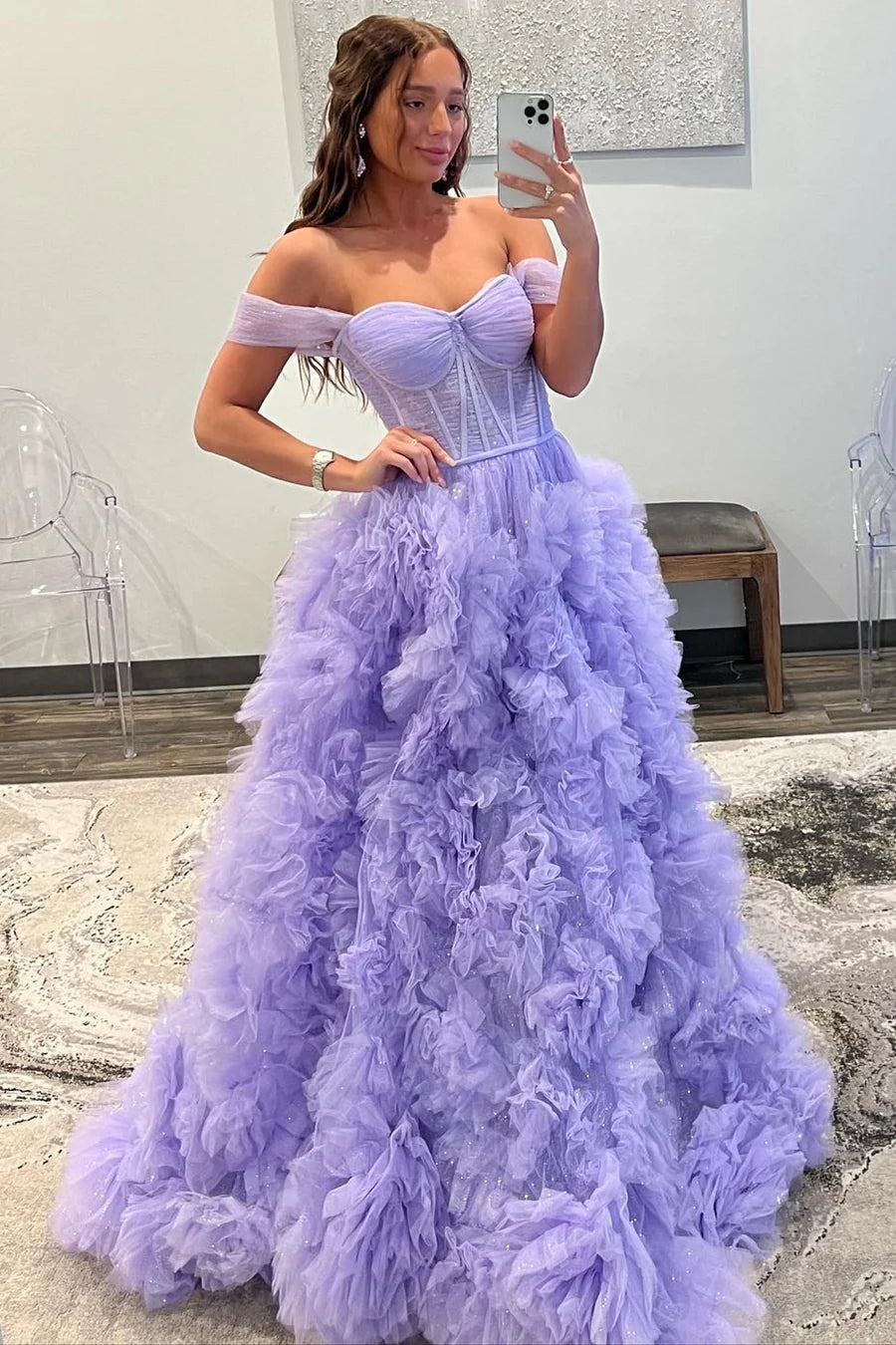 Off-the-Shoulder Tulle Prom Dress with Ruffles