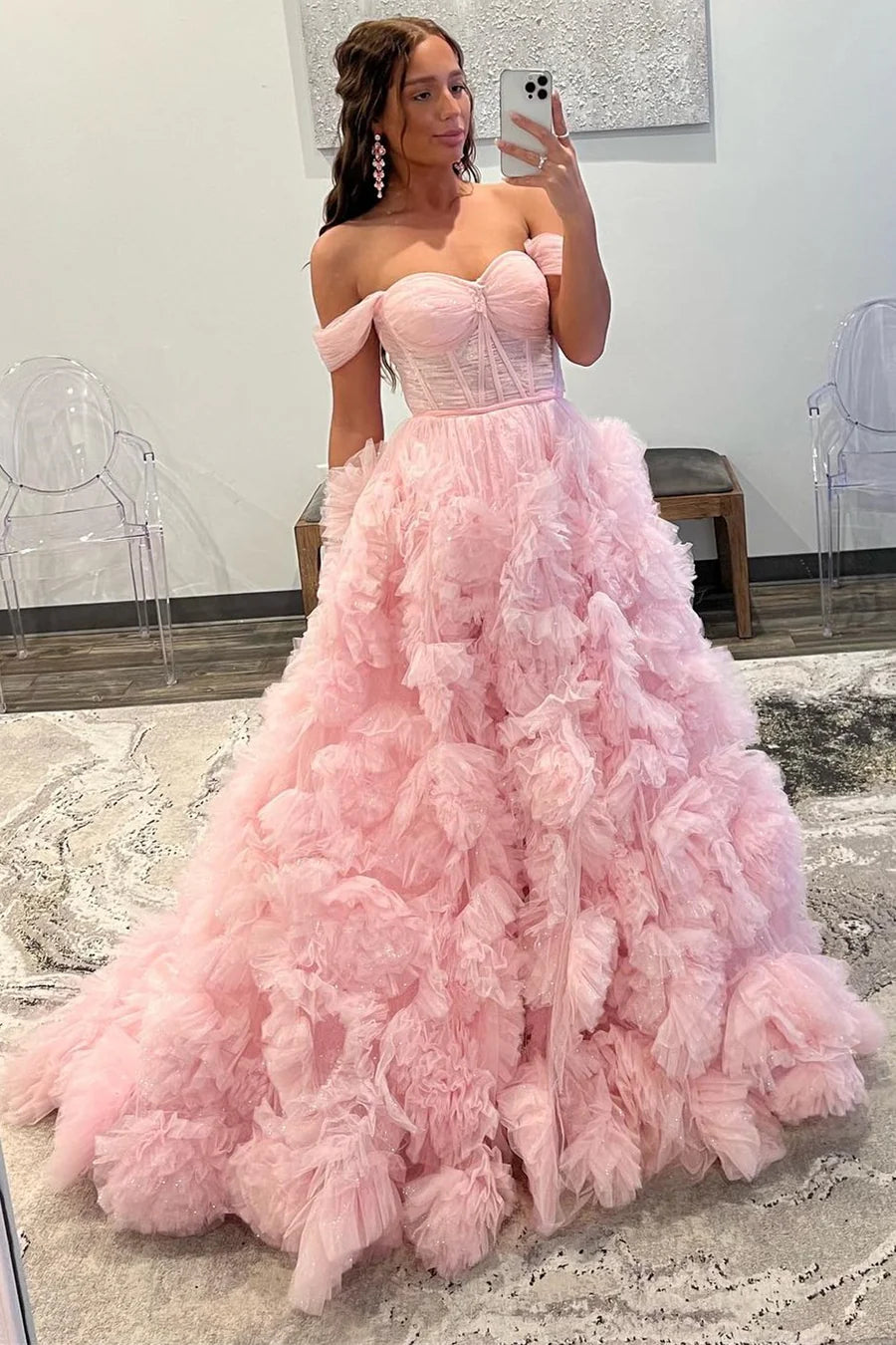 Off-the-Shoulder Tulle Prom Dress with Ruffles