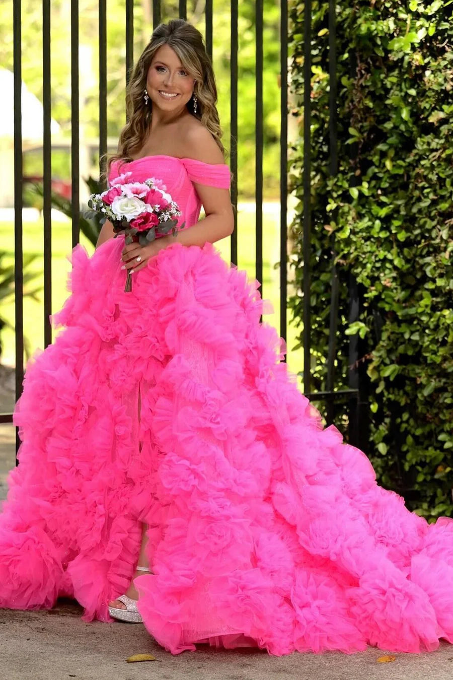 Off-the-Shoulder Tulle Prom Dress with Ruffles