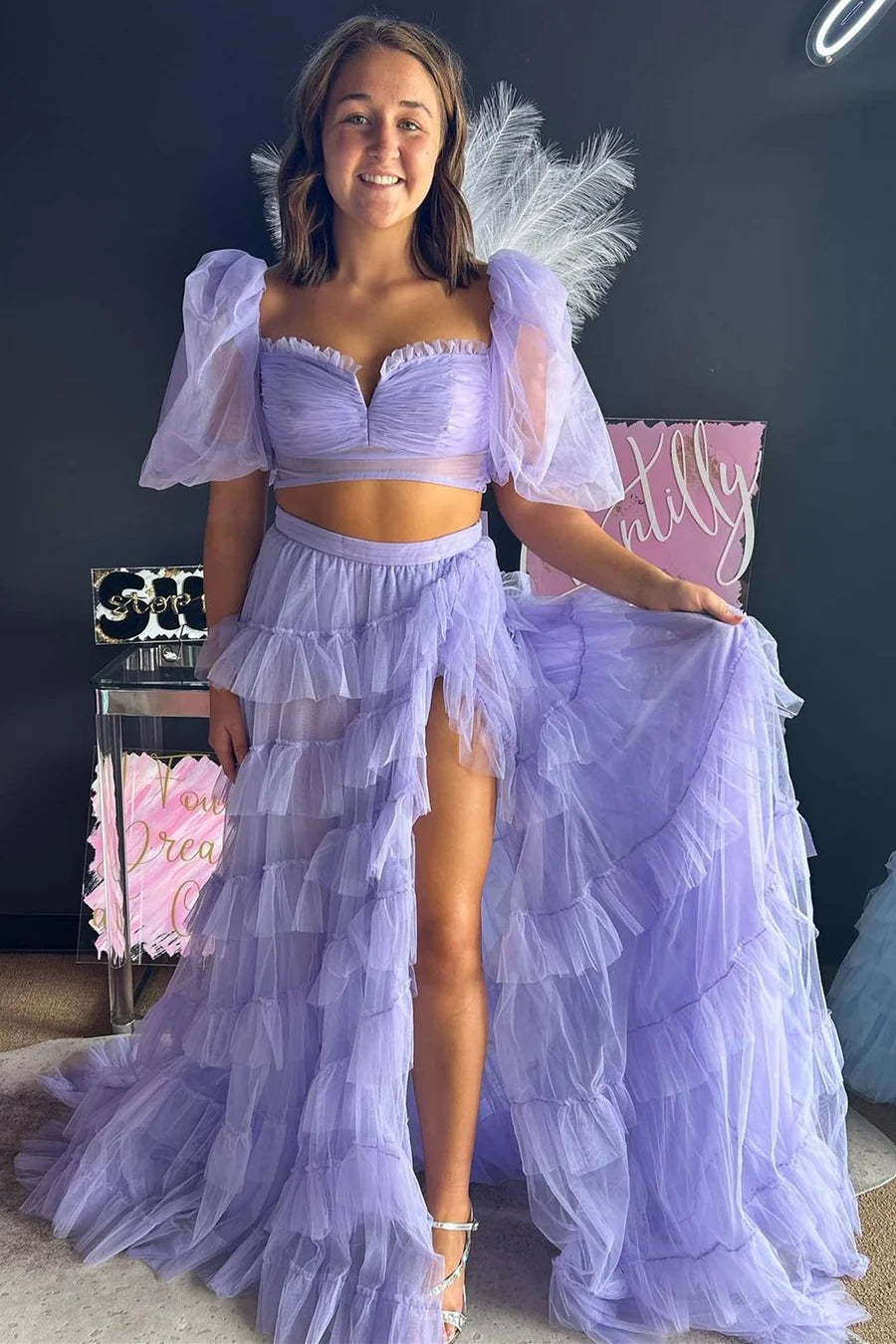 Robe de bal trapèze deux pièces en tulle avec manches bouffantes