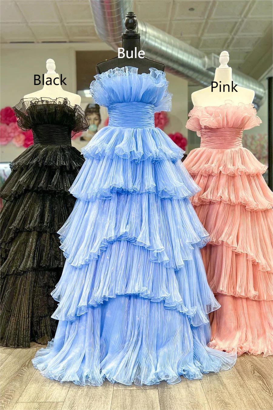 Strapless Banded Waist Tiered Prom Dress with Ruffles