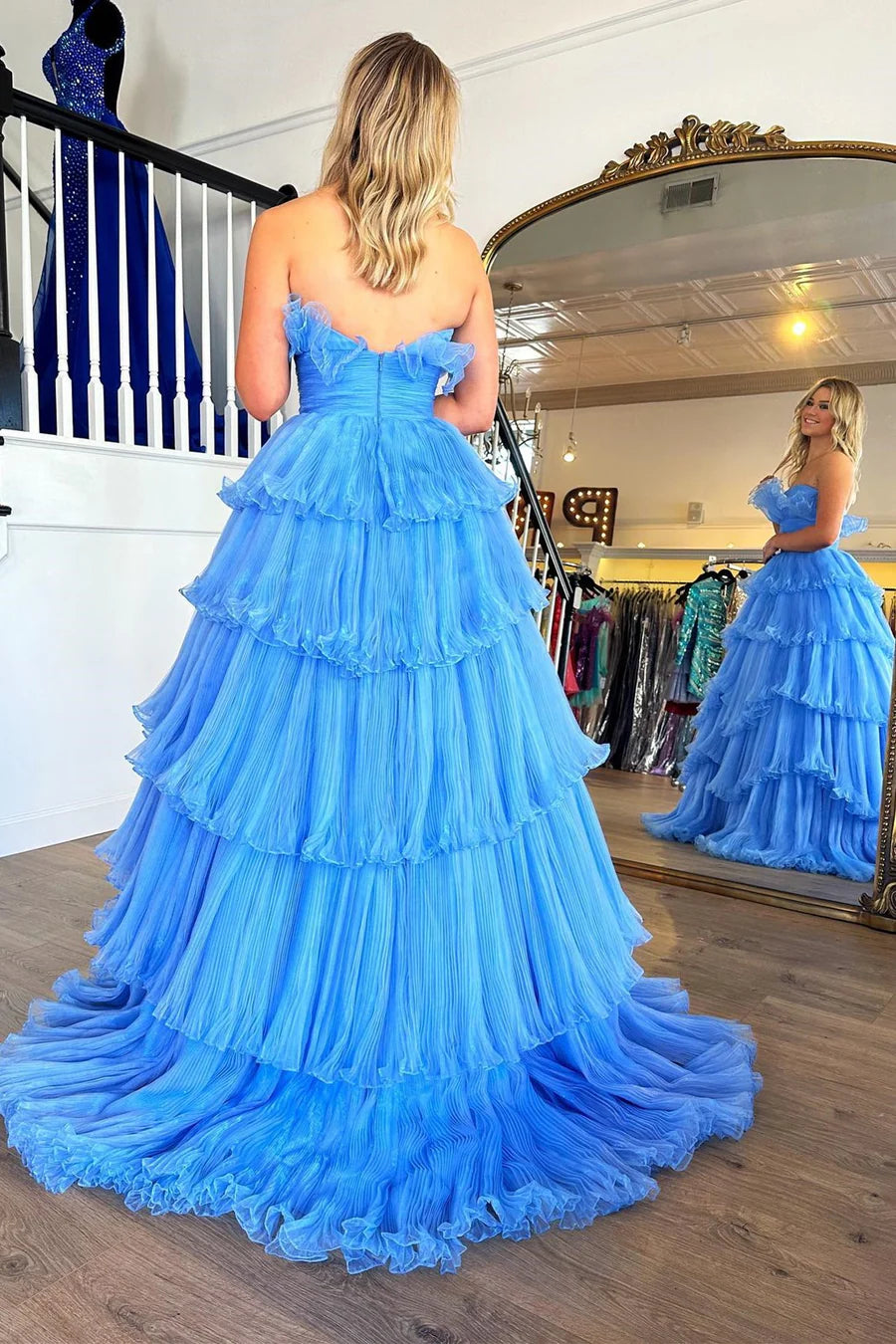 Strapless Banded Waist Tiered Prom Dress with Ruffles