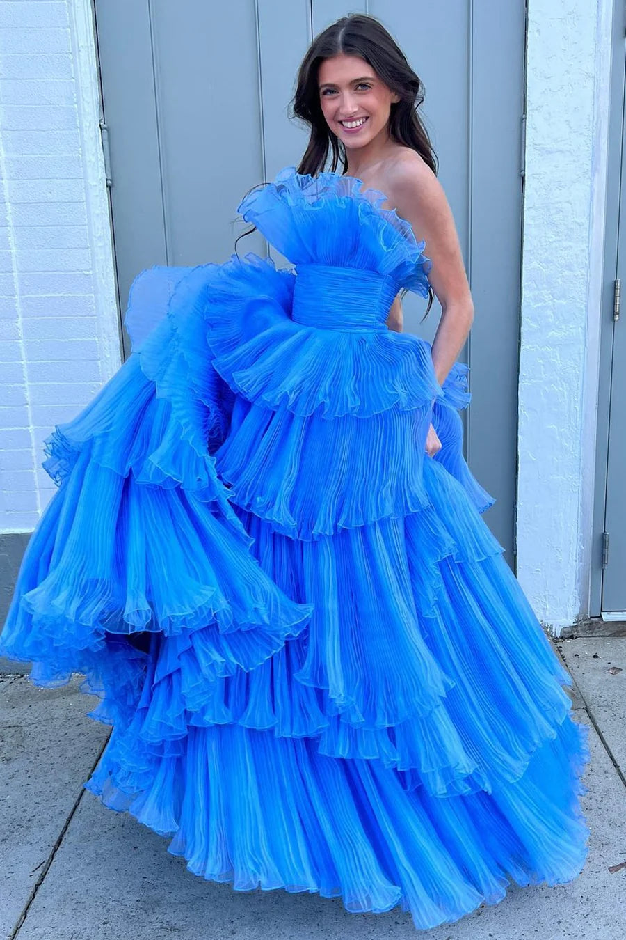 Strapless Banded Waist Tiered Prom Dress with Ruffles