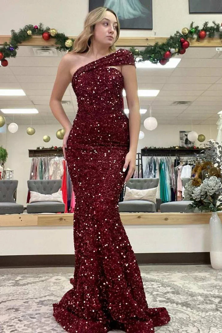 Vestido de fiesta de sirena con lentejuelas y un solo hombro
