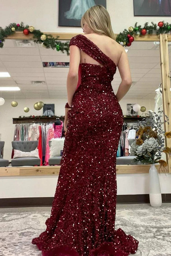 Vestido de fiesta de sirena con lentejuelas y un solo hombro
