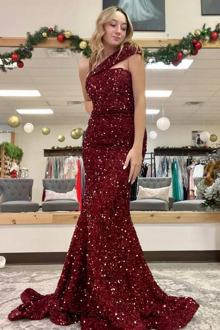 Vestido de fiesta de sirena con lentejuelas y un solo hombro