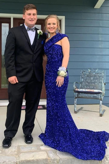 Vestido de fiesta de sirena con lentejuelas y un solo hombro