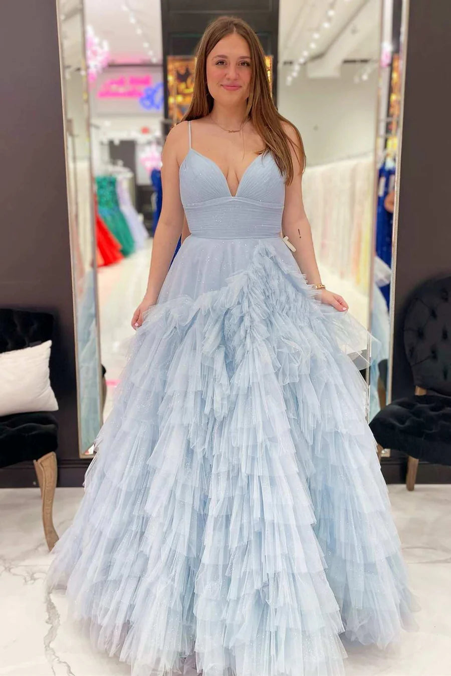 Weitese Dress Formal Women's Dresses High-Waist Tiered with Ruffles Tulle Party Dress Prom Dresses Shops