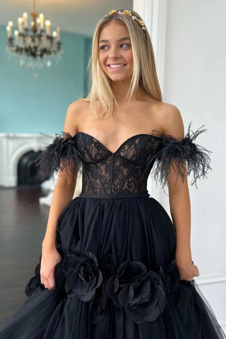 Robe de bal trapèze à épaules dénudées et plumes en dentelle avec dentelle florale 3D