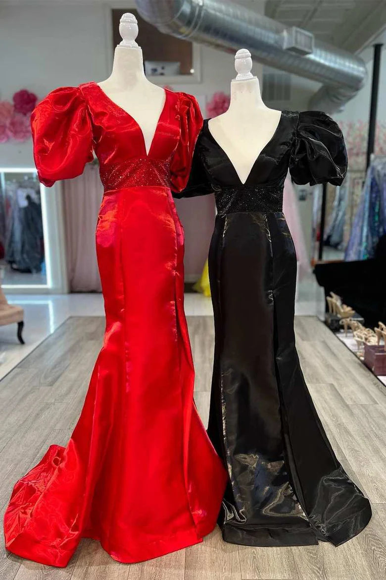 Beaded Deep V-Neck Prom Dress with Puff Sleeves