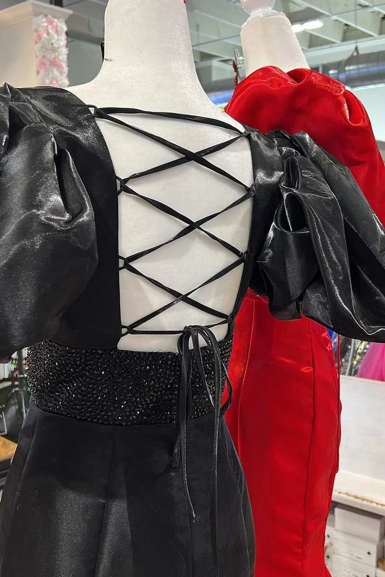 Beaded Deep V-Neck Prom Dress with Puff Sleeves