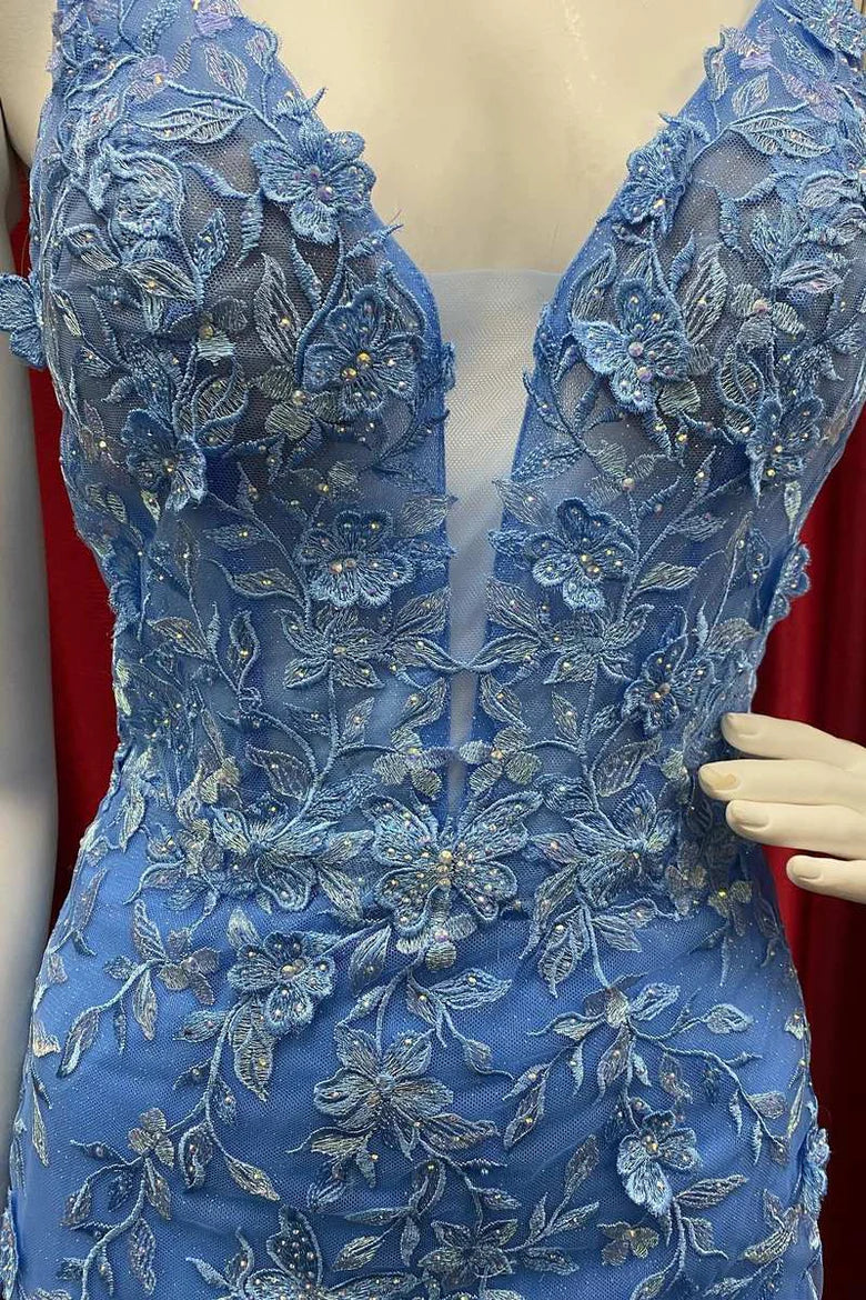 Vestido de fiesta largo estilo sirena con escote en V profundo y espalda abierta con cola