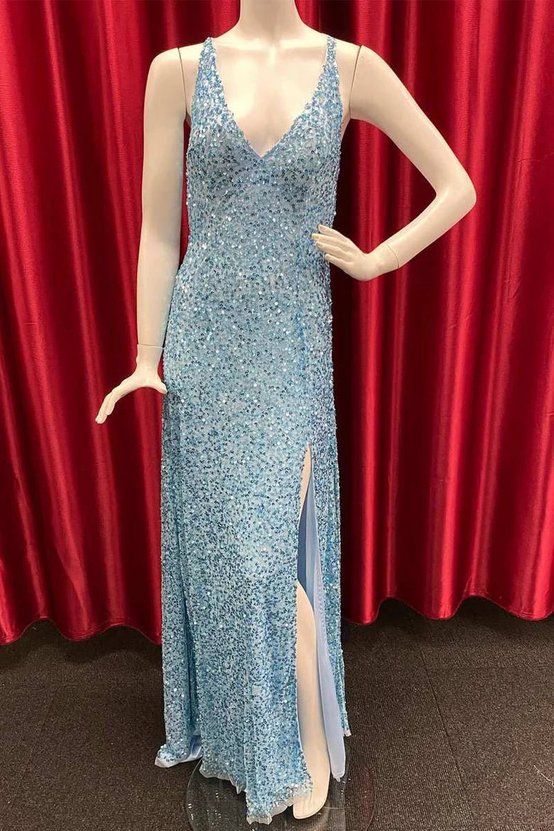 Vestido de fiesta largo estilo sirena con escote en V profundo y espalda abierta