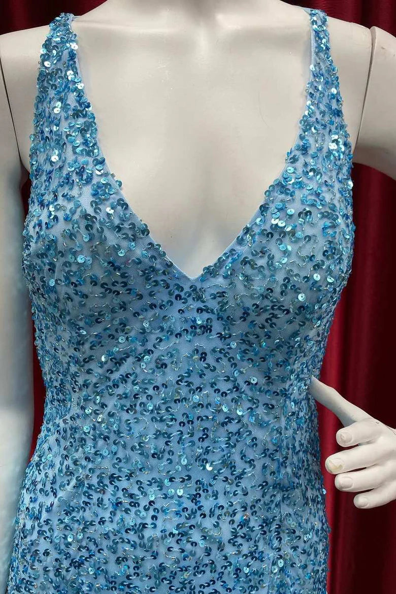 Vestido de fiesta largo estilo sirena con escote en V profundo y espalda abierta