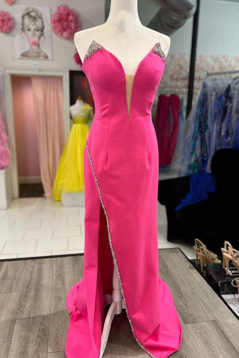 Strapless Bead-Trimmed Prom Dress with Slit