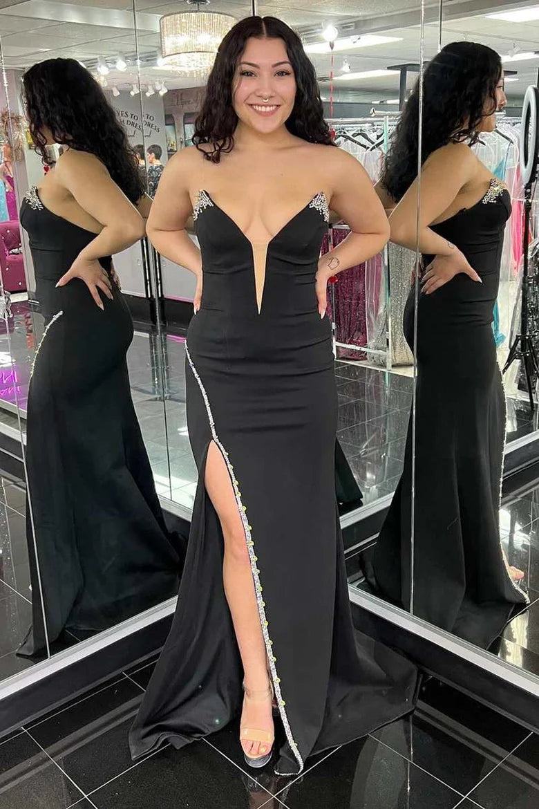Strapless Bead-Trimmed Prom Dress with Slit