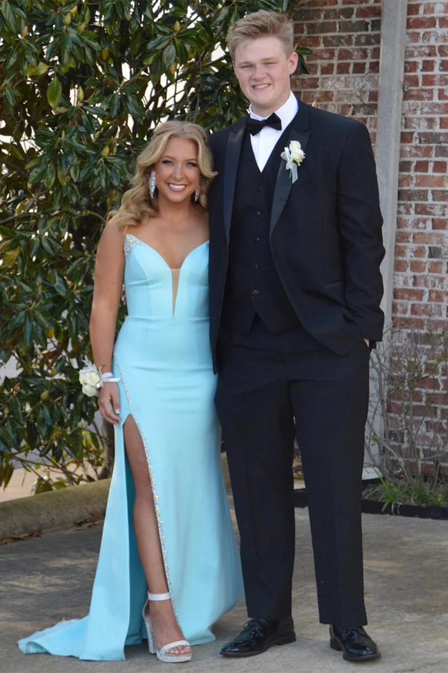 Strapless Bead-Trimmed Prom Dress with Slit