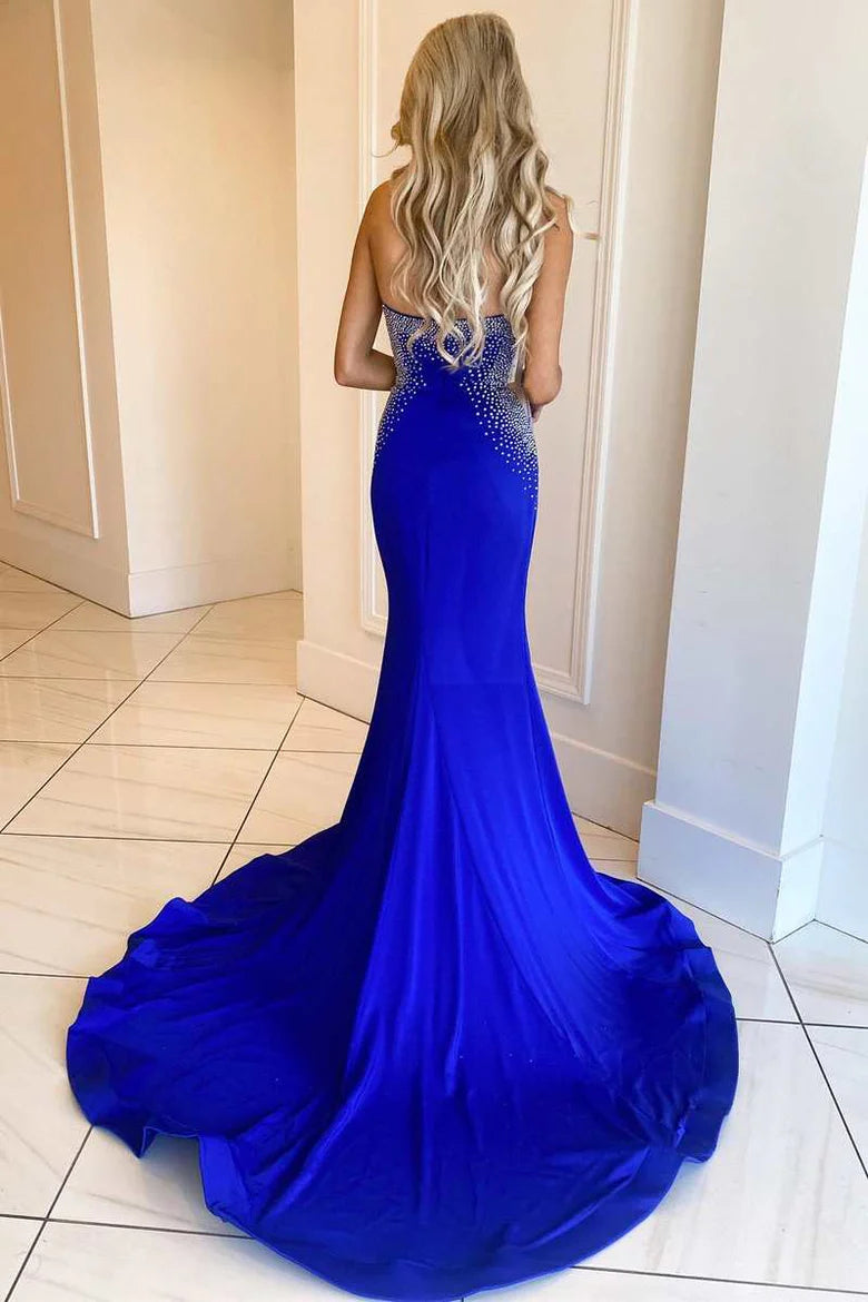 Vestido de fiesta de sirena con un solo hombro, espalda descubierta y cuentas