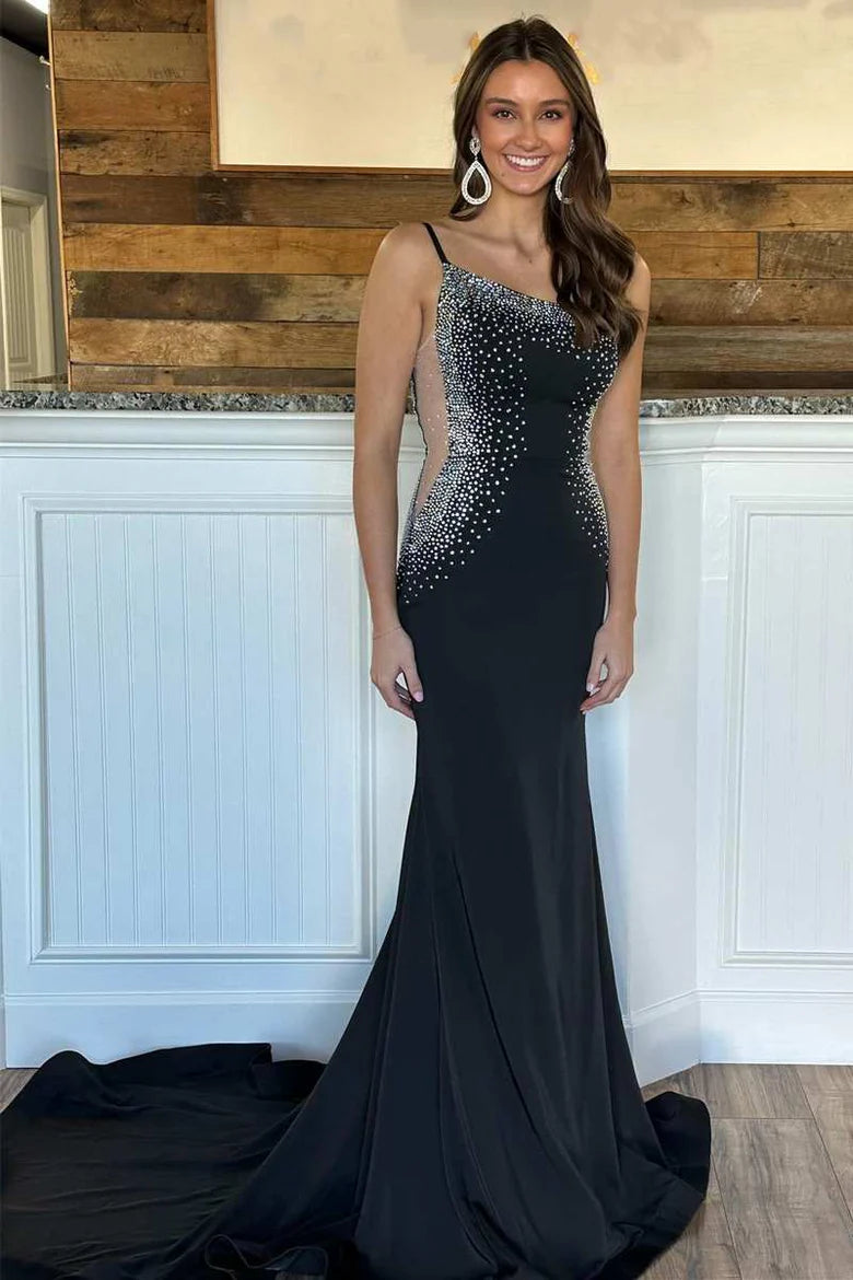 Vestido de fiesta de sirena con un solo hombro, espalda descubierta y cuentas