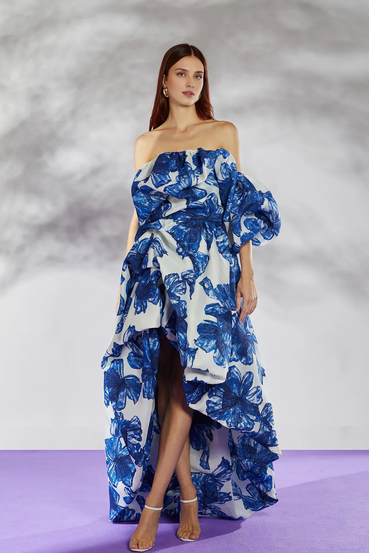 Prom Dresses Stores Printed Puffed Sleeves Off-Shoulder Neckline Hight-Low Hem Prom Dress Formal Women's Dresses