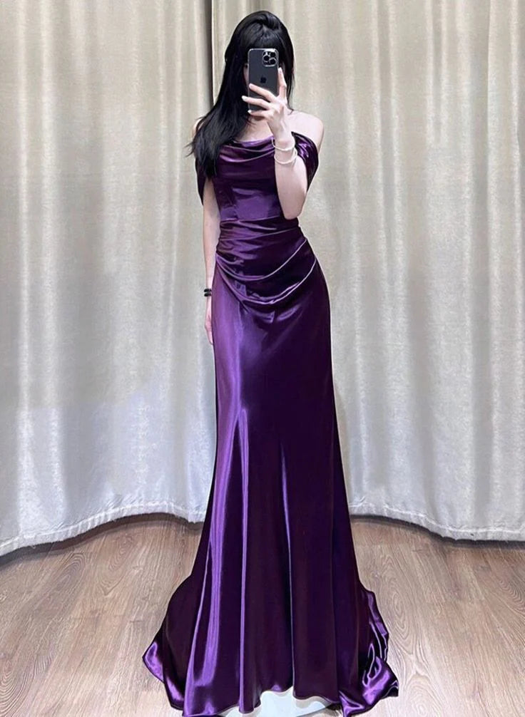Weitese Dress Prom Dress Stores Purple Off Shoulder Mermaid Satin Long Party Dress Evening Dress Formal Dresses