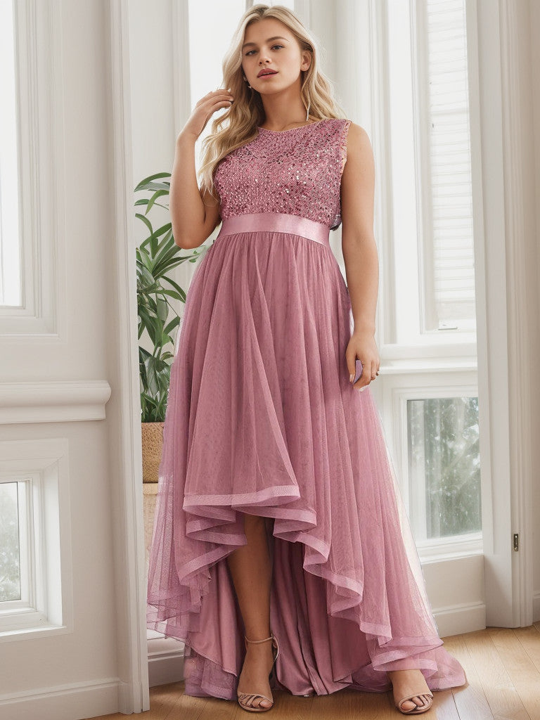 Robe de soirée grande taille Weitese sans manches en tulle à paillettes et ruban à taille haute
