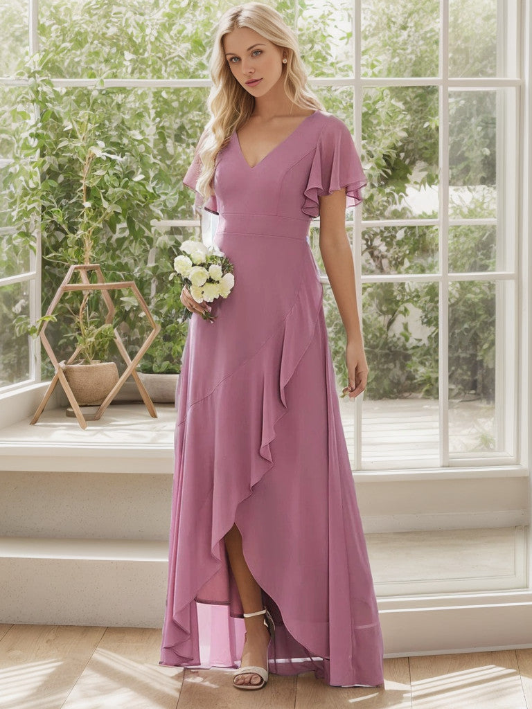 Charmante robe de demoiselle d'honneur en mousseline de soie Weitese avec ourlet en feuille de lotus