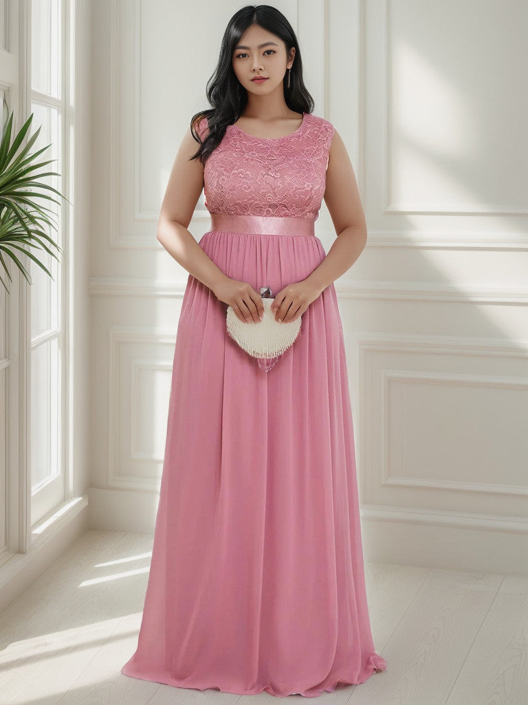 Robe de demoiselle d'honneur Weitese grande taille, classique, col rond, dos en V, coupe trapèze, en mousseline de soie et dentelle