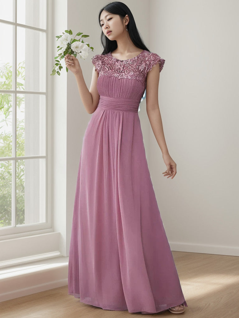 Weitese Maxi Lace Cap Sleeve Long Formal Evening Dress