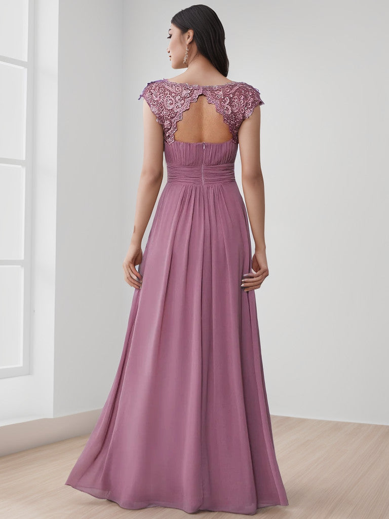 Weitese Maxi Lace Cap Sleeve Long Formal Evening Dress