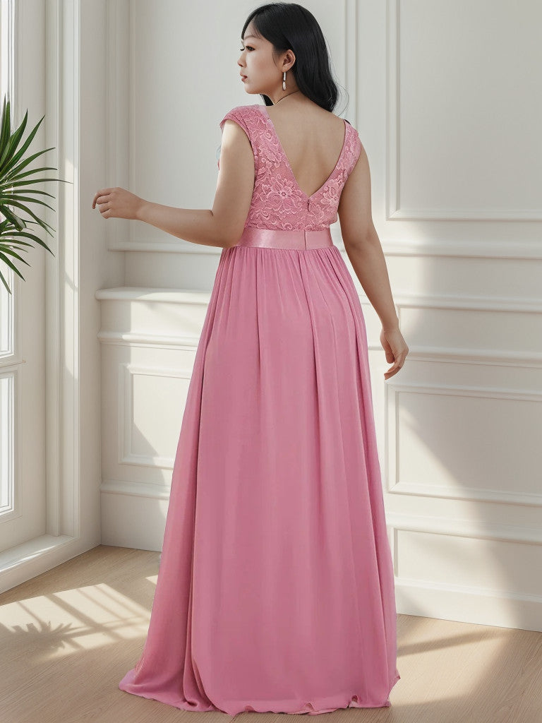 Robe de demoiselle d'honneur Weitese grande taille, classique, col rond, dos en V, coupe trapèze, en mousseline de soie et dentelle