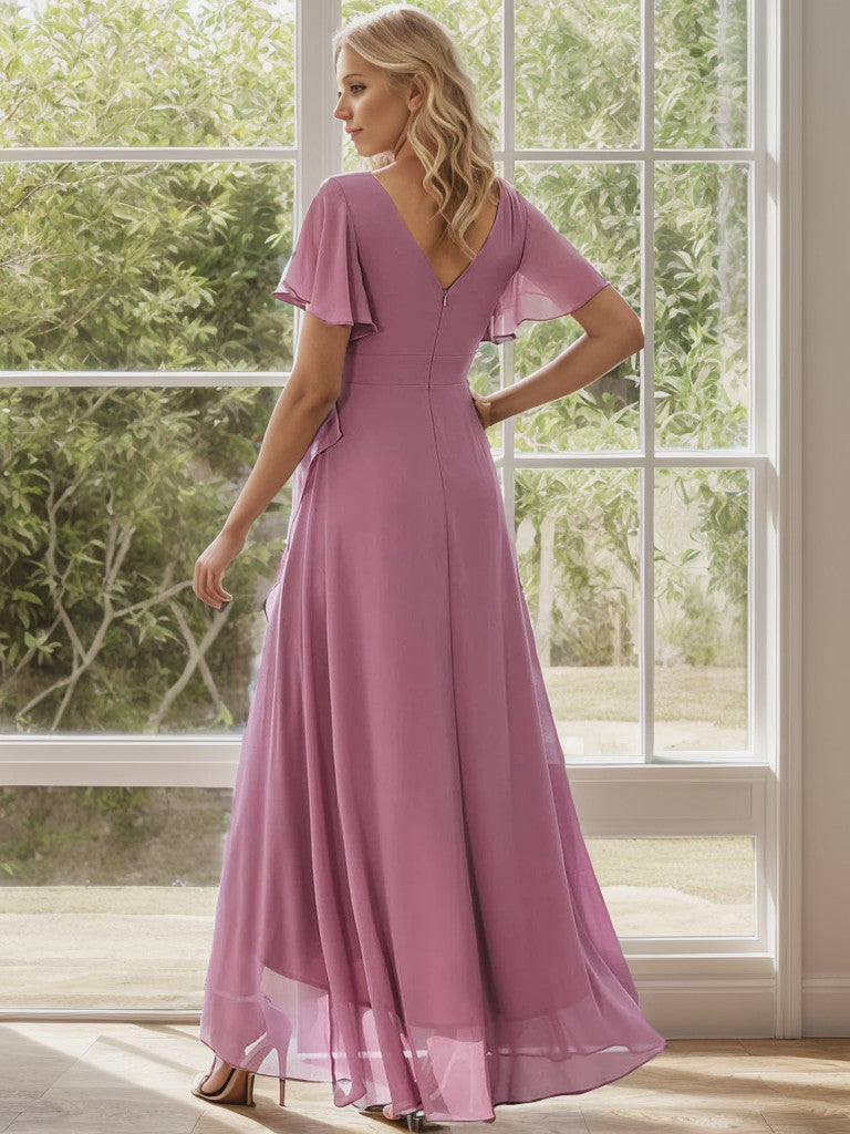 Charmante robe de demoiselle d'honneur en mousseline de soie Weitese avec ourlet en feuille de lotus