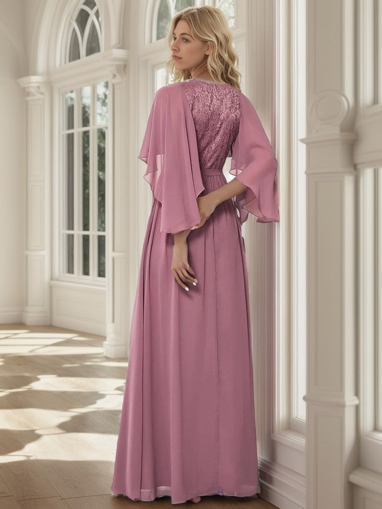 Weitese Deep V Neck Lace Bodice Long Flowy Evening Dress