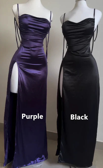 Robe de soirée longue en satin à bretelles violettes et dos nu 