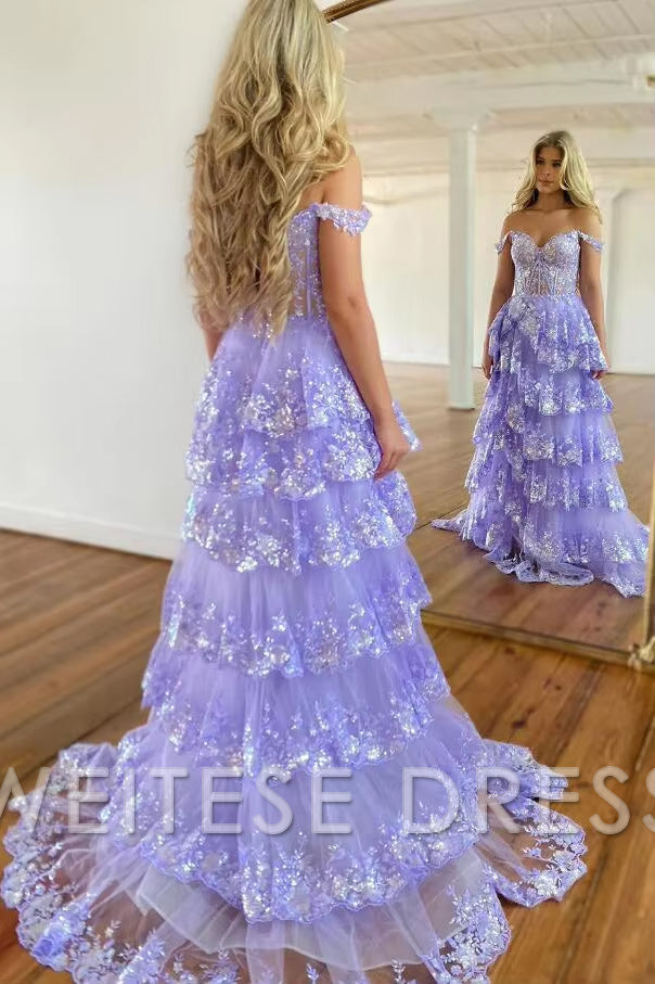 Weitese Dress Beautiful Tulle Appliques Off-the-Shoulder Ruffle Long Prom Dress Sweetheart Tiered Skirt Corset Lace Formal Dresses