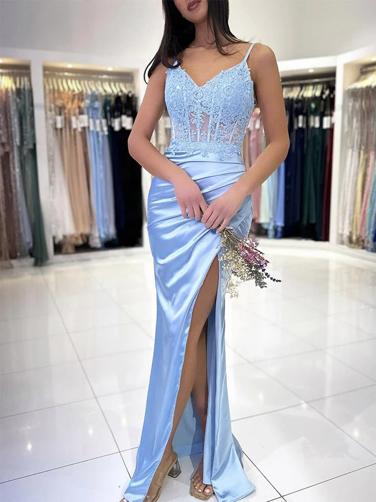 Blue V Neck Lace Satin Mermaid Long Prom Party Dresses