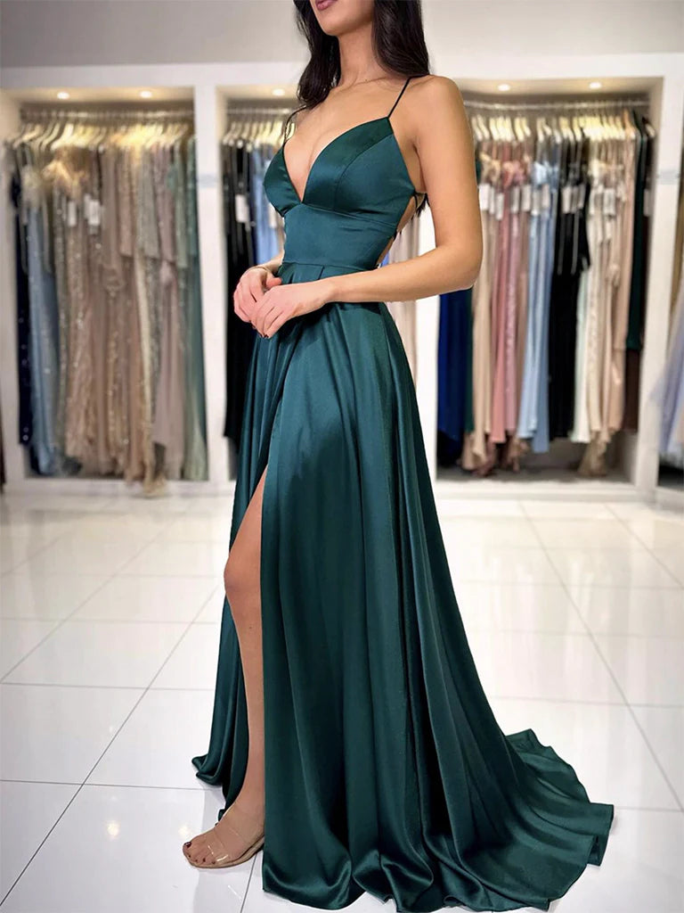 A-Line V Neck Dark Green Satin Long Prom Party Dresses