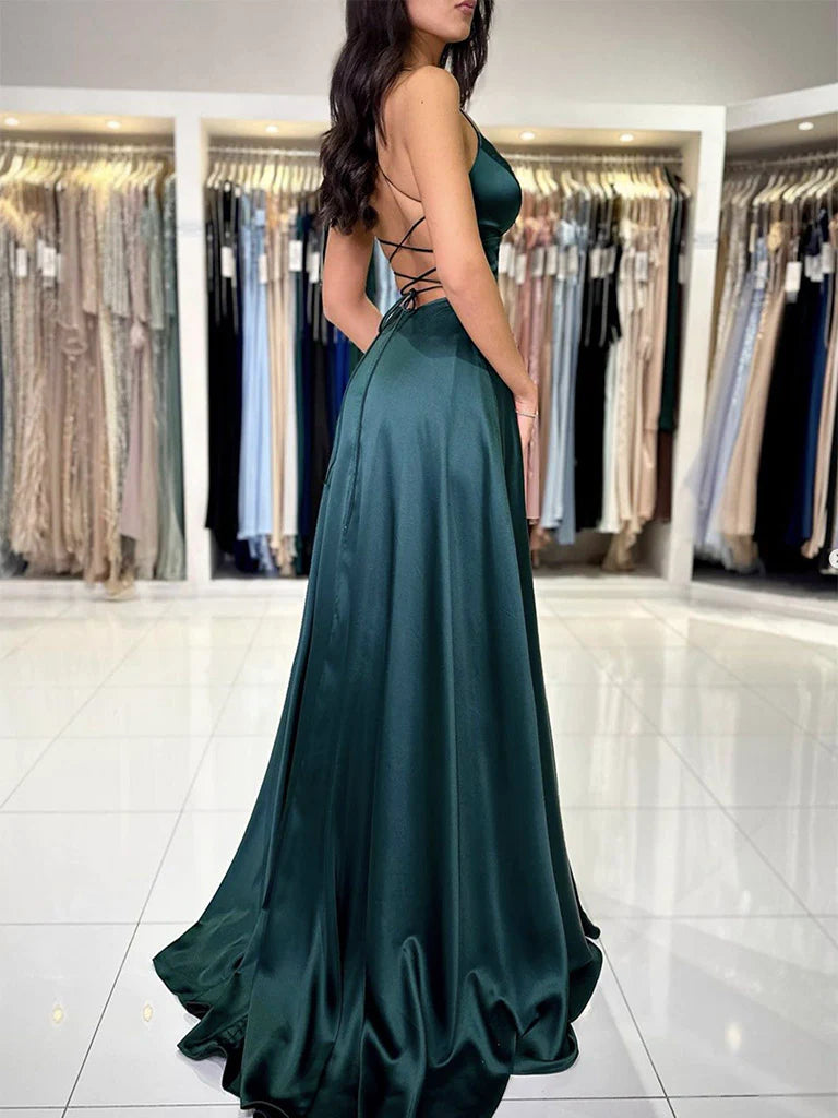 A-Line V Neck Dark Green Satin Long Prom Party Dresses
