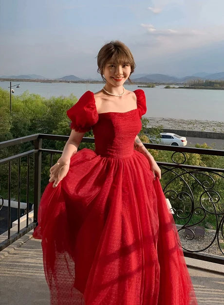Red Dot Tulle A Line Prom Dress Puff Short Sleeves Sweetheart Ruched Bodice