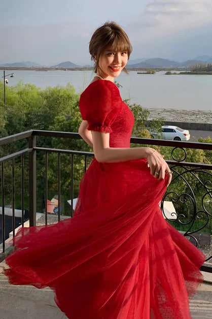 Red Dot Tulle A Line Prom Dress Puff Short Sleeves Sweetheart Ruched Bodice