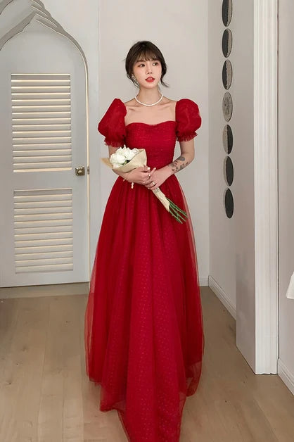 Red Dot Tulle A Line Prom Dress Puff Short Sleeves Sweetheart Ruched Bodice